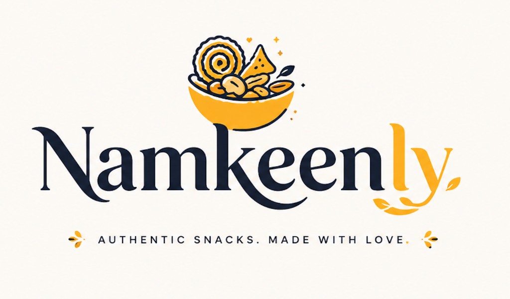 Namkeenly brand mark with illustrated snack bowl, wordmark, and tagline