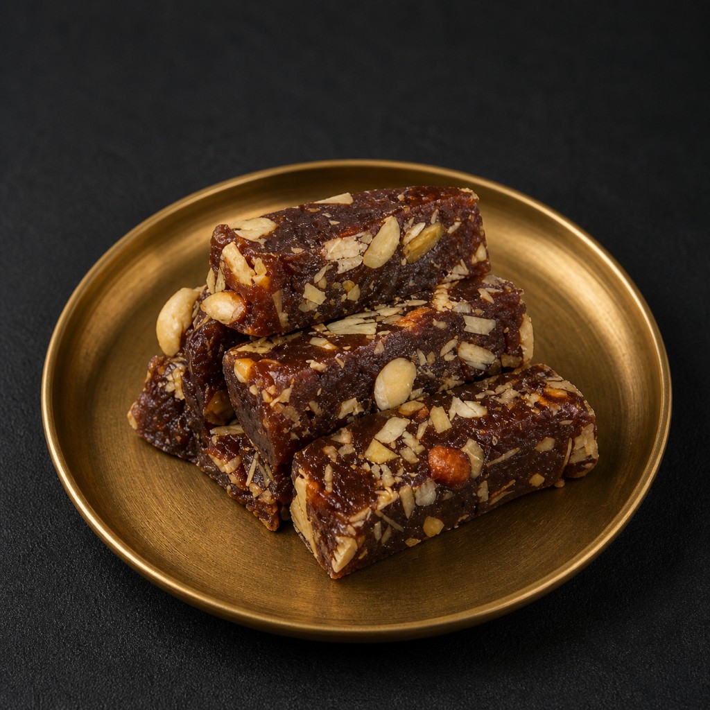 Square-cut wheat halwa topped with nuts on a gold plate