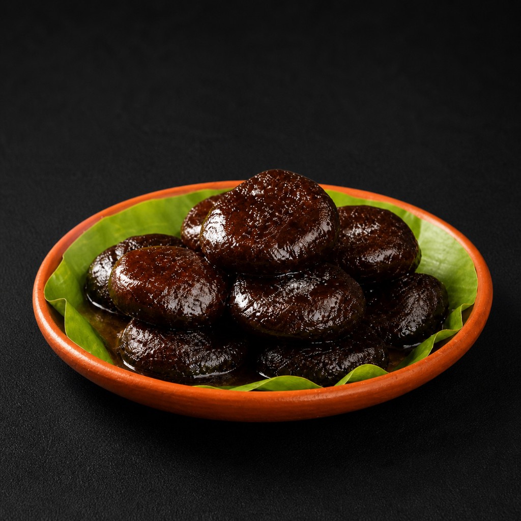 Dark glossy Nellore malai kaja pieces on a leaf-lined plate