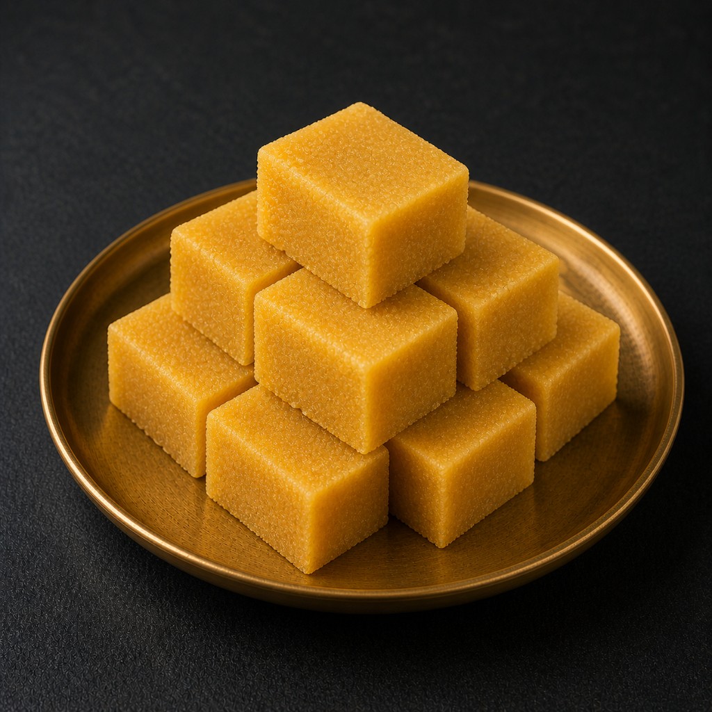 Stacked cubes of golden Mysore pak on a gold plate