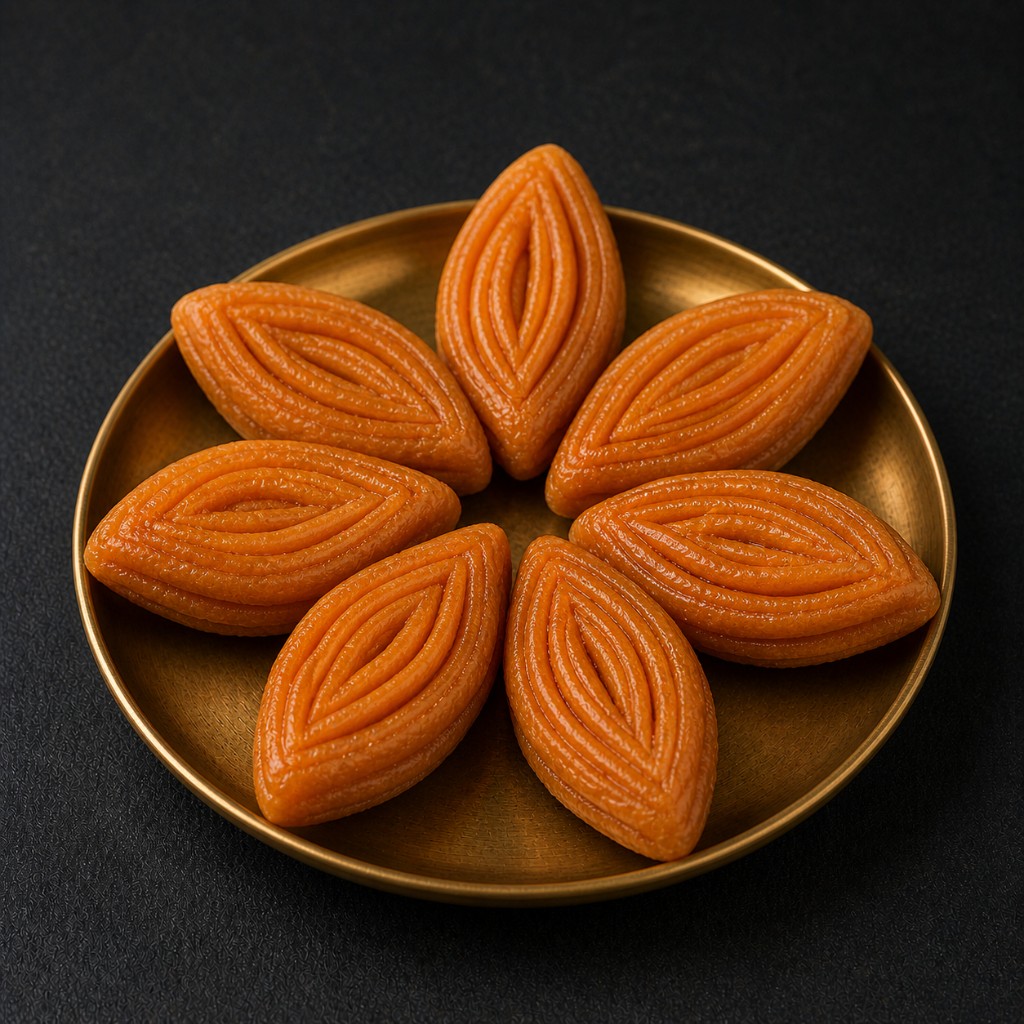 Leaf-shaped syrupy khaja arranged in a circle on a brass plate